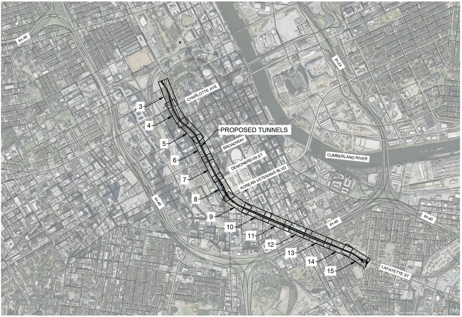 Preliminary engineering plan showing the proposed Music City Loop Phase 1A twin-tunnel alignment through downtown Nashville.