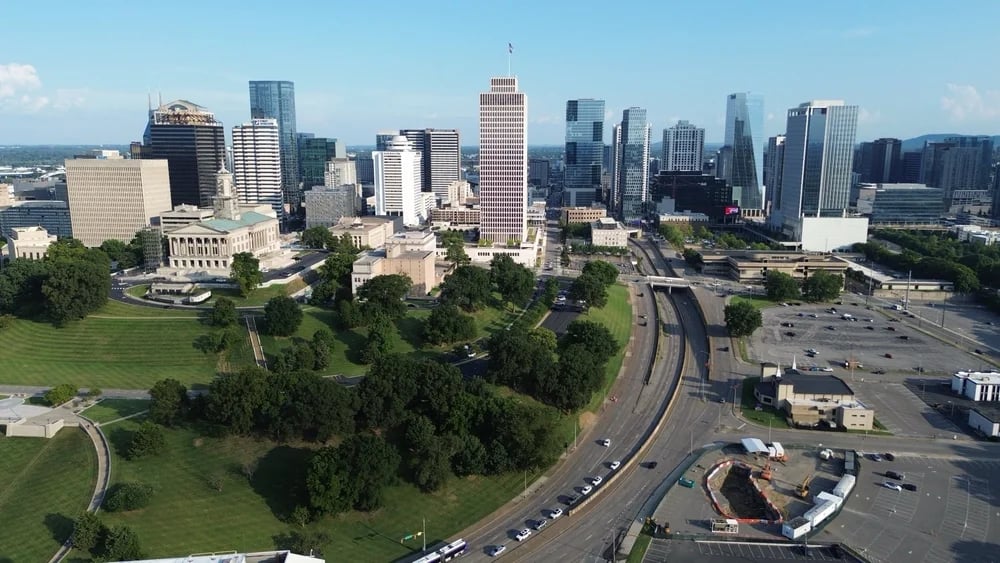 Aerial view of downtown Nashville near the Music City Loop’s Capitol-area construction site.
