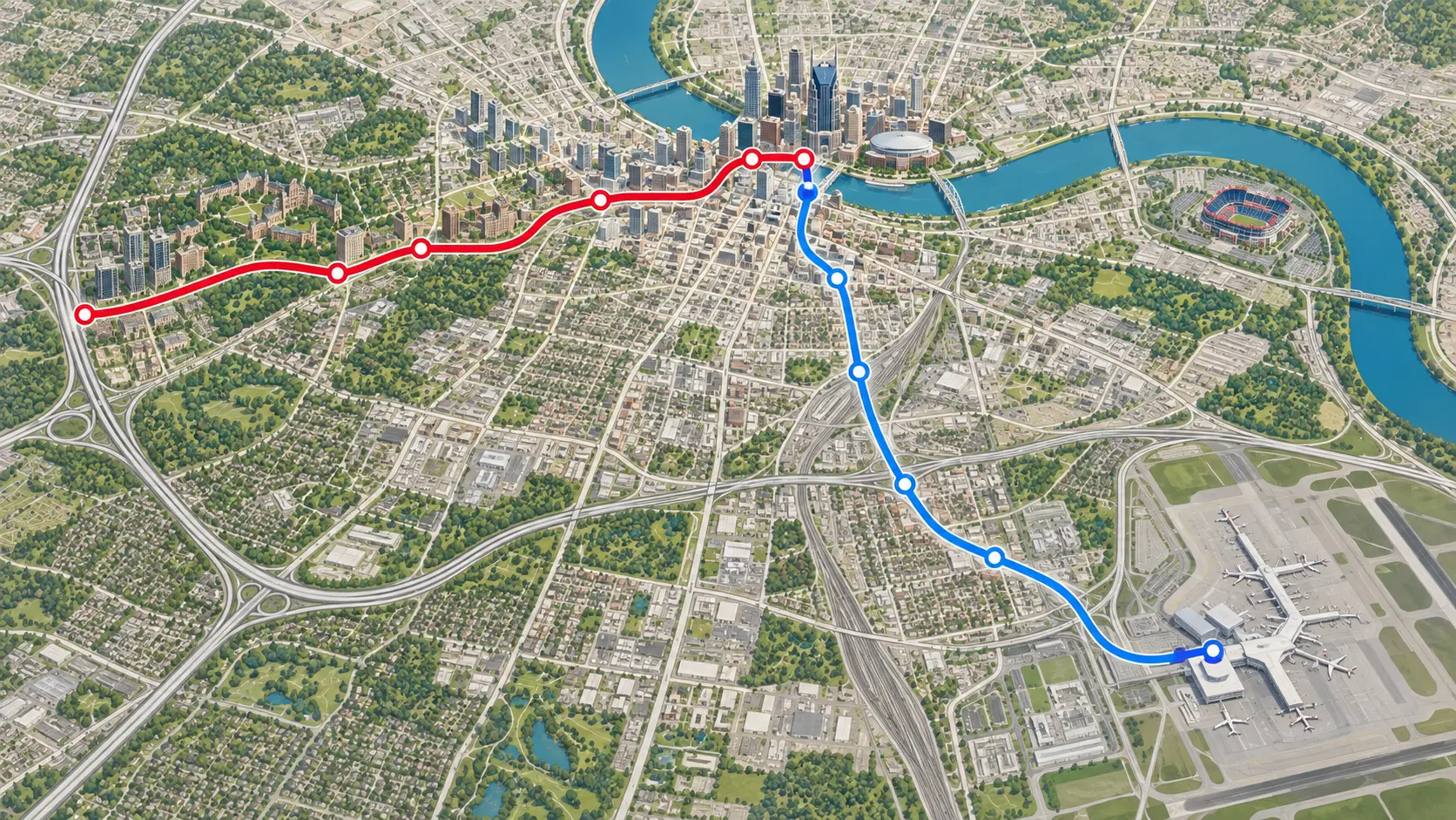 Map of the planned Music City Loop network connecting BNA, downtown Nashville, Lower Broadway and West End.