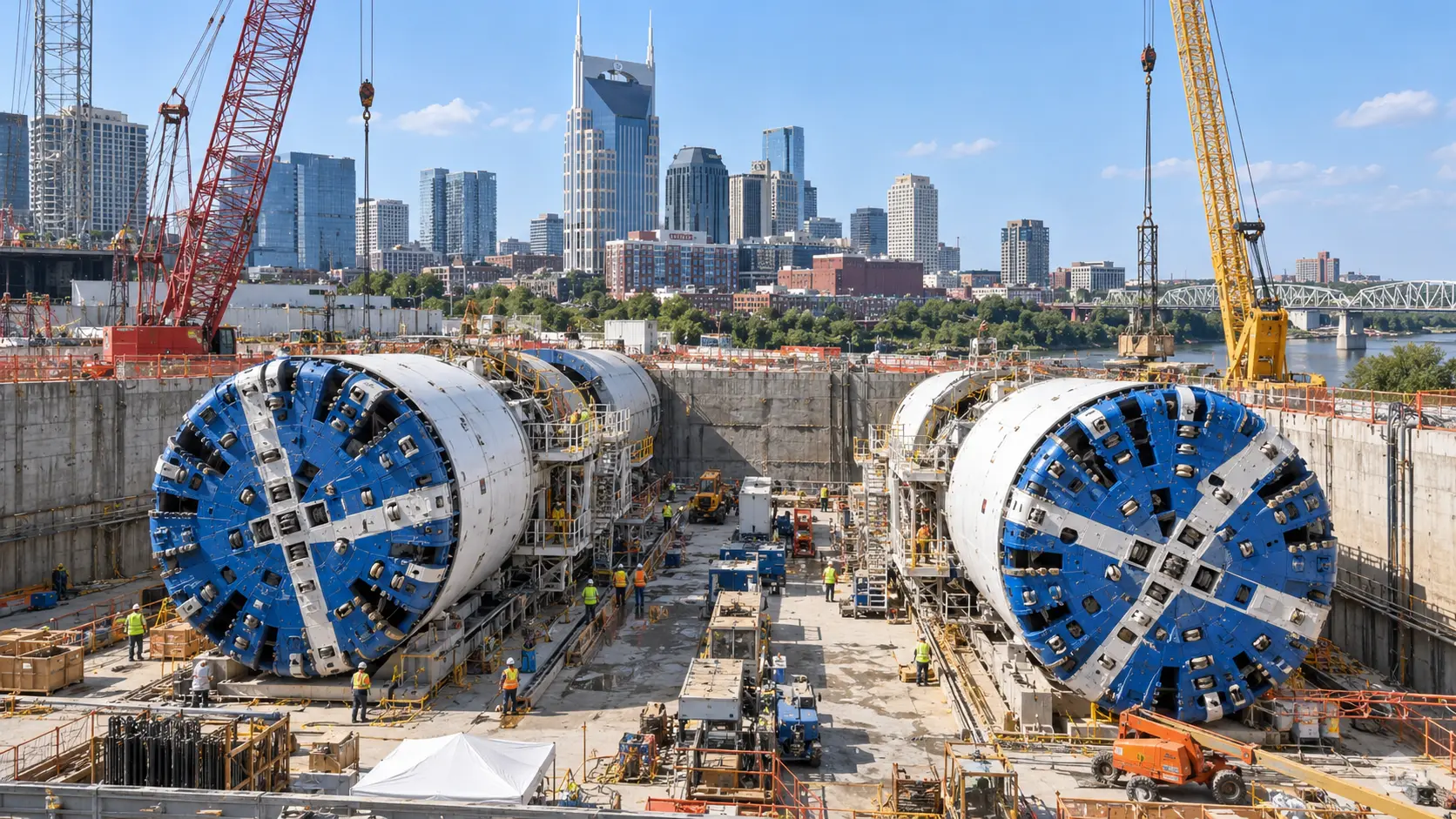 Music City Loop construction in August 2026, when two Prufrock machines were actively tunneling in Nashville.
