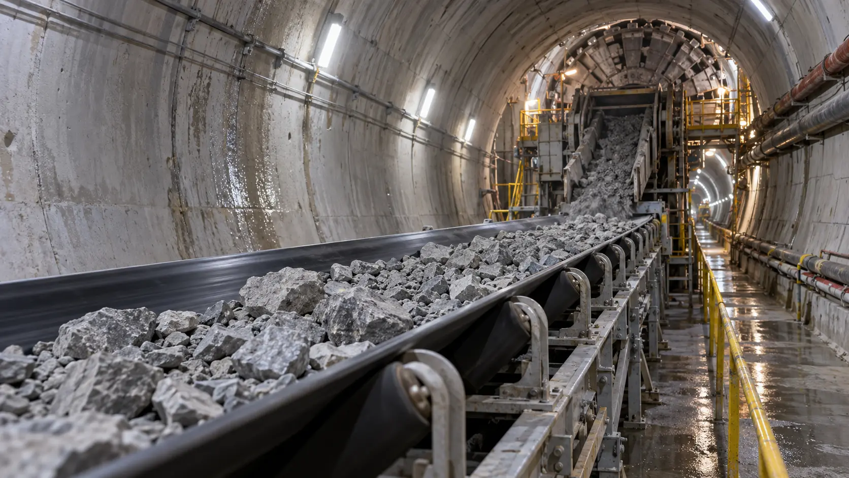 Conveyor system removing excavated limestone from the Music City Loop tunnel in Nashville.